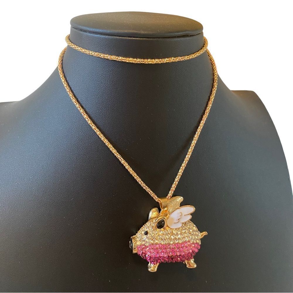 Sparkly Adorable Flying Pig Necklace on Long Gold Toned Chain. - Picture 3 of 8